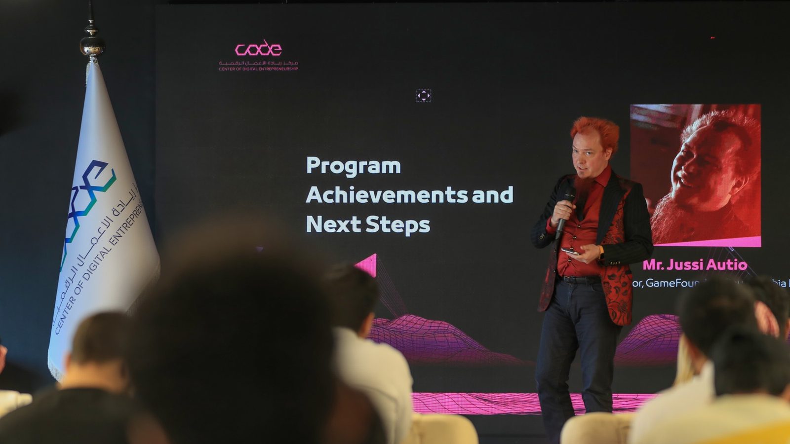Jussi Autio presenting program achievements at Game Founders in Saudi Arabia
