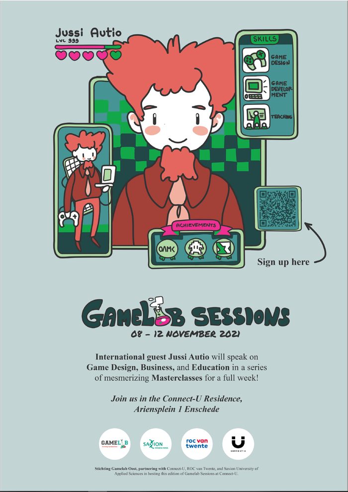 Poster for Jussi Autio's GameLab Sessions in Enschede, November 2021